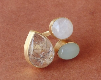 Wholesale Brass Stone Jewelry, Black Rutilated Quartz Ring, Gold Plated Ring, Aqua Chalcedony Ring, Cocktail Ring, Rainbow Moonstone Ring