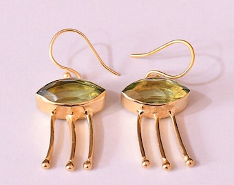 Handcrafted Green Amethyst Earrings: 18k Gold Plated Marquise Dangles