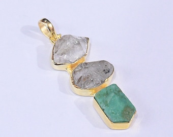 18K Yellow Gold Plated Natural Herkimer Diamond And Chrysoprase Gemstone Pendant