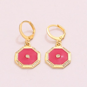 18K Gold-Plated Pink Enamel Clip-On Earrings, Cubic Zirconia Jewelry Manufacturer, Hexagon-Shaped Earrings, Women's Earrings