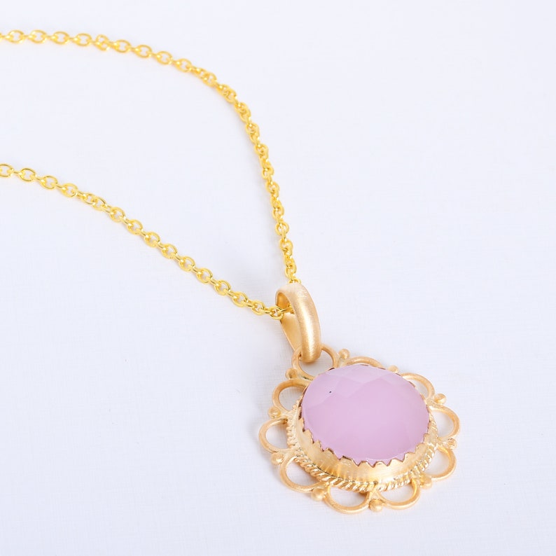 Handmade Bezel Set Pink Rose Quartz Pendant, Round Faceted Stone Pendant, Wholesale Designer Brass Pendant For Women image 3