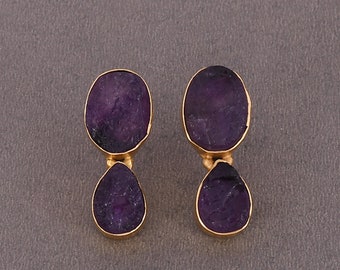 Boucles d'oreilles en améthyste violette naturelle, boucles d'oreilles en laiton plaqué or jaune avec pierres précieuses, bijoux tendance, cadeau d'anniversaire cadeau