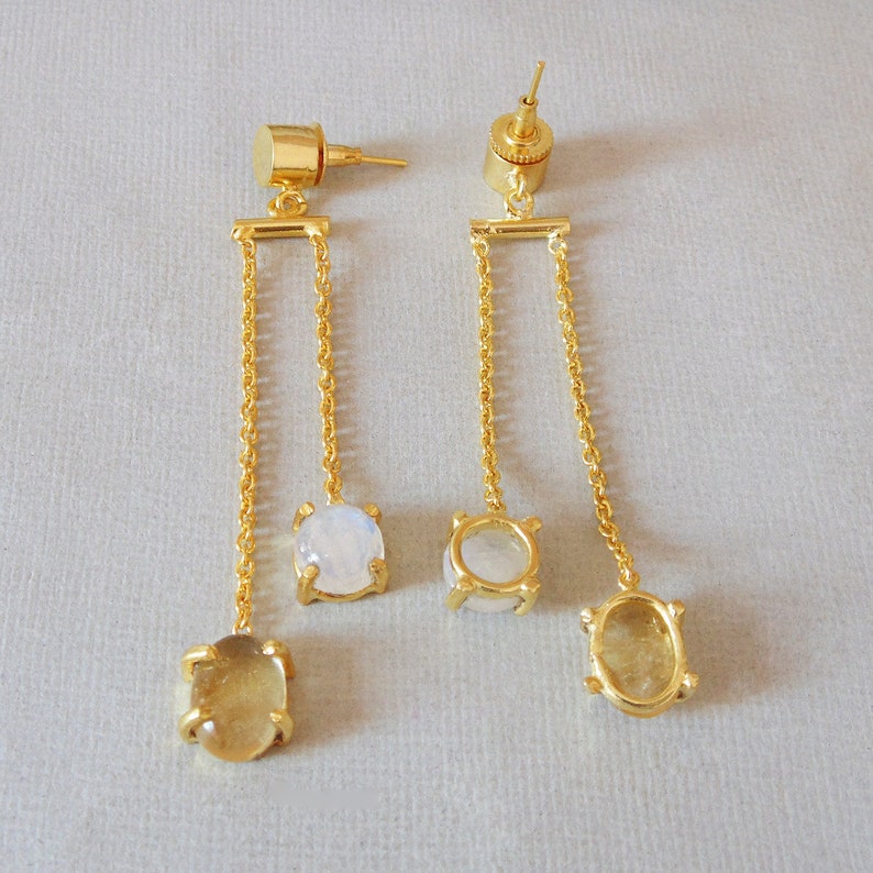 Boucles D'oreilles Pendantes Moonstone Arc-en-ciel Plaqué Or Jaune - Vintage - Panoply Jewelry