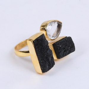 Handmade Ring, Black Tourmaline Ring, Gold Vermeil Ring, Crystal Quartz Ring, Raw Stone Ring, Designer Ring, Birthday Ring, Adjustable Ring