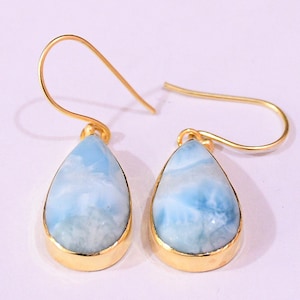 Blue Larimar Teardrop Earrings: 18k Gold-Plated, Handmade