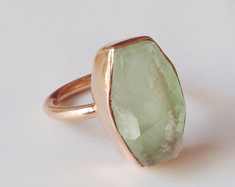 18K Gold Plated Ring, Green Fluorite Ring, Brass Ring, Stone Stack Ring, Raw Mineral Ring, Everyday Wear Ring, Fashion Ring, Teen Girl Ring