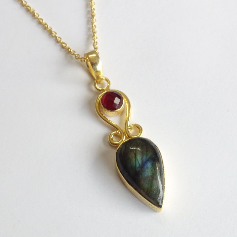Garnet Pendant Two Stone Pendant Statement Pendant Designer Pendant Gold Plated Pendant Natural Labradorite Pendant Gift Ideas For Her