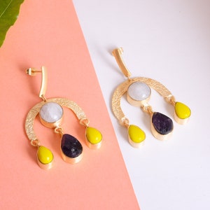 Rainbow Moonstone Chandelier Earrings: Gold Plated Amethyst & Agate