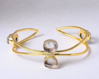 18K Gold Plated Crystal Quartz Cuff Bracelet, Handmade Cuff Bracelet, Natural Stone Cuff, Fashion Cuff, Birthday Gift For Birthday