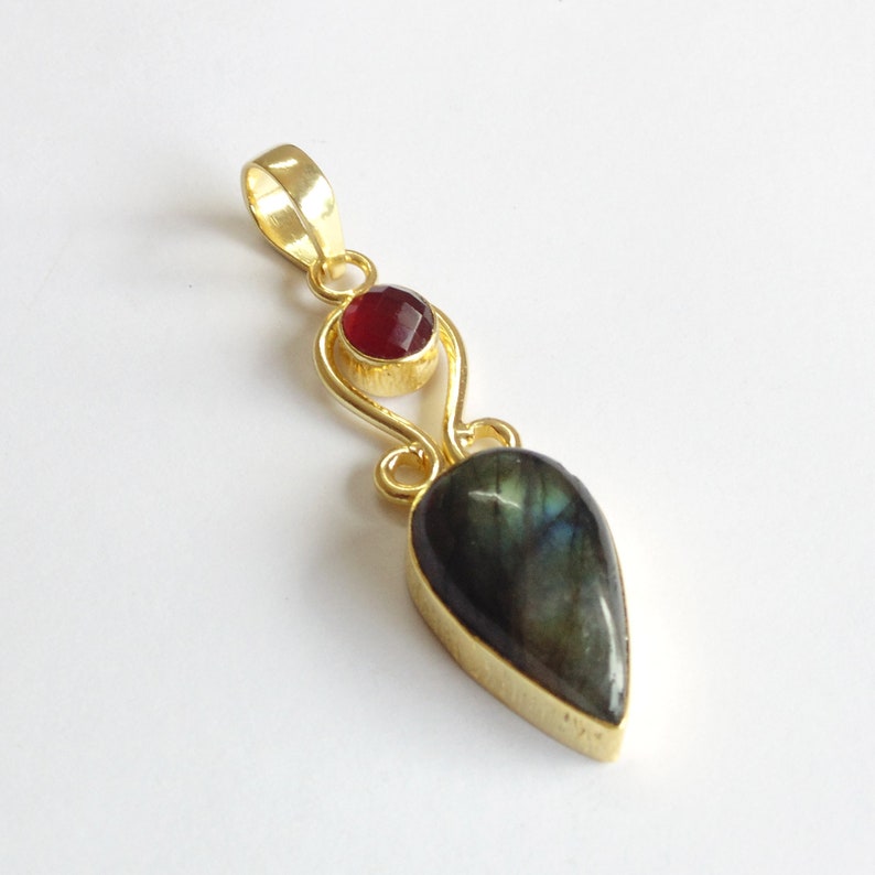 Garnet Pendant Two Stone Pendant Statement Pendant Designer Pendant Gold Plated Pendant Natural Labradorite Pendant Gift Ideas For Her