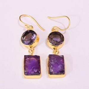 Semi-Precious Stone Earrings, Purple Stone Earrings, Natural Raw Amethyst Earrings, Dangle Earrings, 18k Gold Plated Jewelry Maker