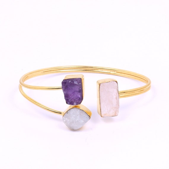 Rose Quartz, Moonstone & Amethyst Bangle: 18K Gold Plated 
