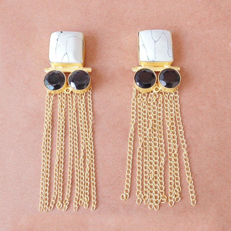 Bridal Earring Handmade Earrings Long Chain Earrings Party Wear Earrings 18K Gold Plated Earrings Black Onyx Earrings Howlite Earrings
