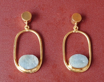 Raw Aquamarine Dangle Earrings: 18k Gold Plated, Handmade