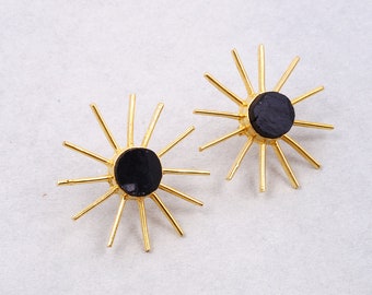 18K Gold Plated Earrings, Black Tourmaline Earrings, Rough Stone Earrings, Birthstone Earrings, Designer Stud Earrings, Post Studs Earrings