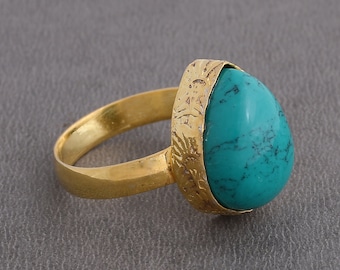 18K Gold Plated Green Turquoise Ring: Pear Cabochon Brass Ring