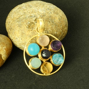 Multi-Stone Jewellery, Handcrafted Gold-Plated Jewellery, Gemstone Pendant, Natural Semiprecious Jewelry, Seven Chakra Pendant
