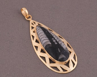 18K Gold Plated Orthoceras Fossil Gemstone Pendant, Pear Stone Pendant, Handmade Brass Pendant, Gorgeous Stunning Long Pendant For Women