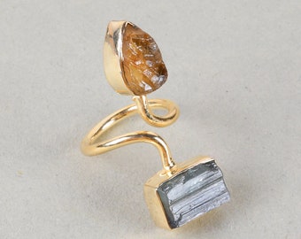 Handmade Gold Plated Brass Ring: Raw Citrine & Blue Kyanite Bypass Ring