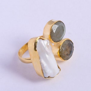 Handgefertigte Biwa Perlen Labradorit Ring: Gold Vermeil Cocktail Schmuck