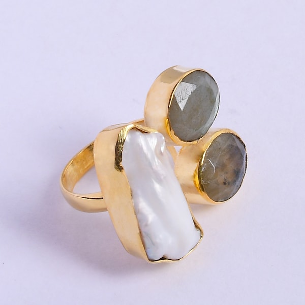 Indian Handcrafted Ring, Biwa Pearl Ring, Genuine Stone Ring, Labradorite Ring, Large Cocktail Ring, Gold Vermeil Ring, Fashion Jewellery