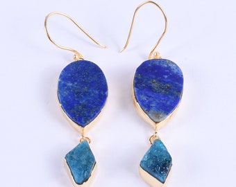 Gold Plated Sterling Silver Lapis Lazuli Apatite Drop Earrings