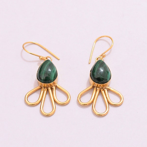 Wholesale Green Malachite Earrings, Gold Plated Brass Earrings, Natural Gemstone Earrings, Dangle Earrings For Women