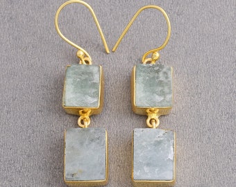 Aquamarine Earrings, Handmade Earrings, Raw Stone Earrings, Fluorite Earrings, Gold Plated Earrings, Birthstone Earrings, Dangle Earrings