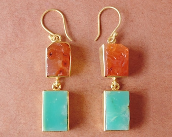 Carnelian Chrysoprase Dangle Earrings: 18K Gold Plated Bezel Set