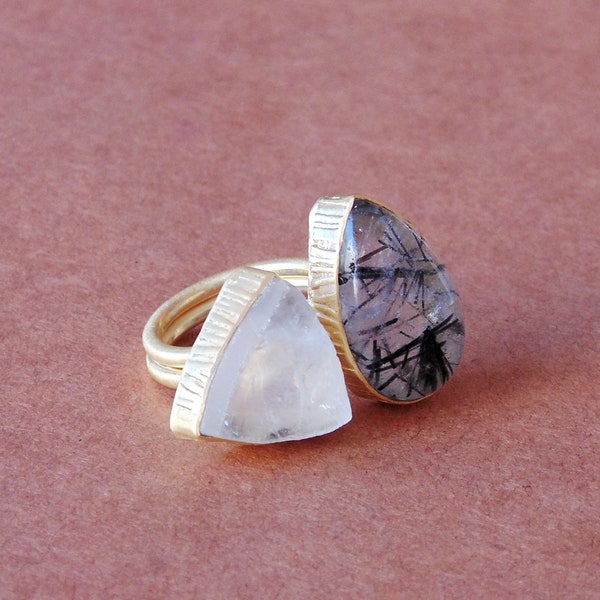 Natural Black Rutilated Quartz And Crystal Quartz Healing Gemstone Ring Manufacturer