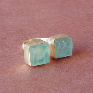 18K Gold Plated Brass Ring: Raw Green Fluorite Bezel Set Adjustable Ring