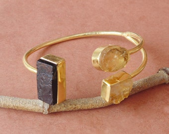 Raw Stone Bracelet, Black Tourmaline Cuff, Gold Plated Bracelet, Rough Citrine Cuff, Adjustable Bracelet, Birthstone Jewelry, Gift For Her
