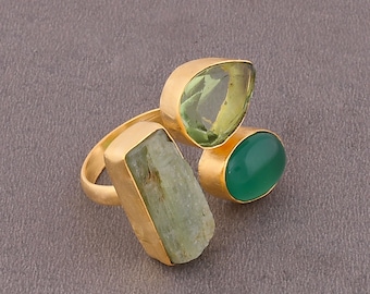 Semiprecious Stone Ring, Matte Gold Plated Ring, Green Kyanite Ring, Statement Ring, Prasiolite Ring, Adjustable Ring, Cocktail Ring