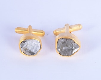 Herkimer Diamond Cufflinks, Bezel Set Cufflinks, Yellow Gold Plated Cufflinks, Designer Cufflinks, Raw Stone Cufflinks, Gifts For Dad