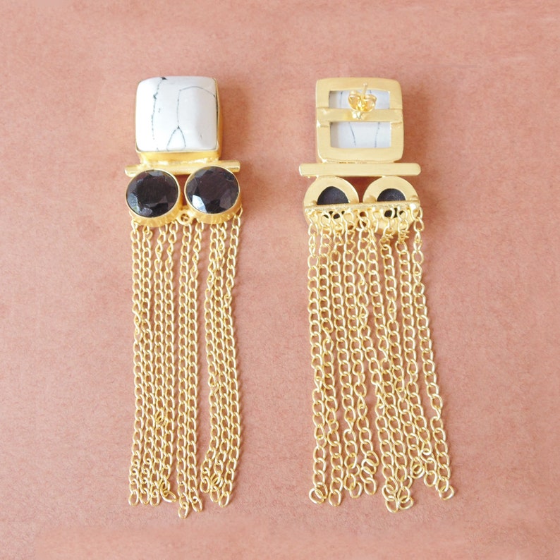 Bridal Earring Handmade Earrings Long Chain Earrings Party Wear Earrings 18K Gold Plated Earrings Black Onyx Earrings Howlite Earrings