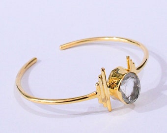 22k Gold Plated Bangle, Faceted Stone Bangle, Crystal Quartz Bangle, Designer Bangle, Adjustable Bangle