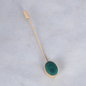 Handmade Lapel Pin, Green Malachite Lapel Pin, Designer Lapel Pin, Oval Bezel Lapel Pin, Gold Plated Lapel Pin, Men's Jewelry Accessory