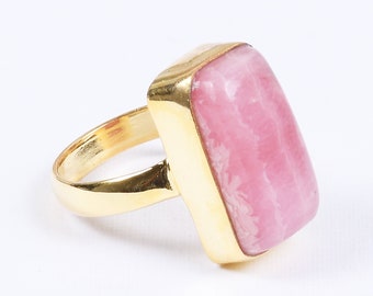 Anneau artisanal, anneau de rhodochrosite rose naturel, anneau serti de lunette, grand anneau de pierres précieuses, anneau de pierre puissant, anneau de déclaration pour les femmes
