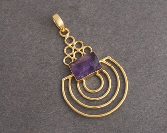 Colgante de amatista púrpura natural, latón chapado en oro de 18 quilates, joyería de diseño hecha a mano.