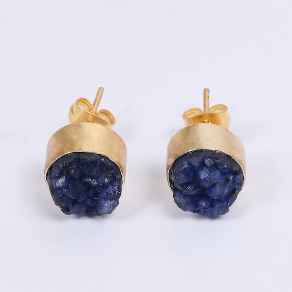 Gold Plated Earrings, Blue Druzy Studs Earrings, Handmade Earrings, Round Stone Earrings, Stylish Earrings, Gift For Birthday