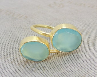 Micro-Gold Plated Jewelry, Aqua Chalcedony Bypass Ring, Hand-Crafted Brass Gemstone Stacking Ring For Women