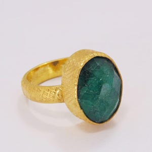 Emerald Green Corundum Ring: 18k Gold Plated Bezel Ring
