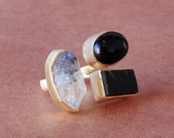 Handmade Ring, Herkimer Diamond Ring, Rough Stone Ring, Black Onyx Ring, Tourmaline Ring, Cocktail Ring, Mothers Birthstone Ring