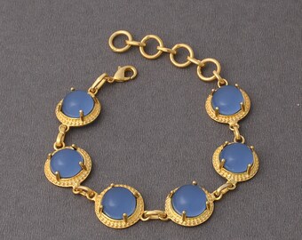 Artisan Blue Chalcedony Bracelet: 18K Gold Plated, Round Stone