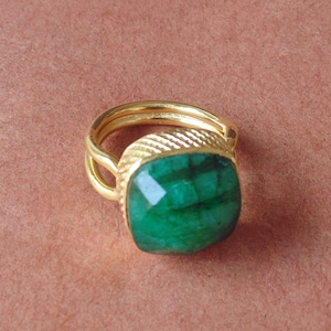 Handmade Green Corundum Ring: 18K Gold Vermeil Square Stone Ring