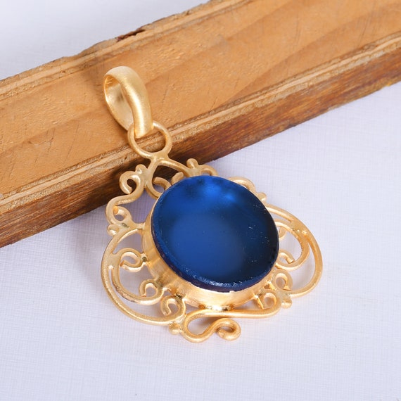 Gold Plated Plated Blue Aventurine 3-Sided Point Pendant PT14DG 