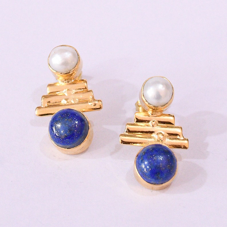 22k Gold Plated Jewellery, Lapis Lazuli Earrings, Designer Earrings, September Birthstone Earrings, Pearl Earrings, Post Earrings image 2