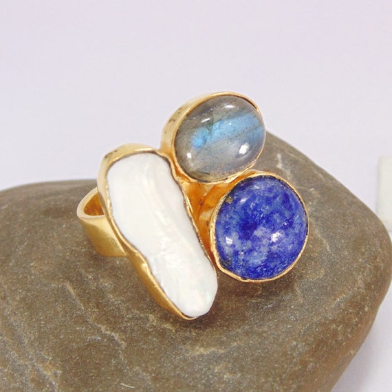 Items similar to 18k Gold Plated Ring - Lapis Lazuli Ring - White Pearl ...