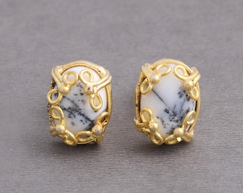 18K Gold Plated Brass Cufflinks, Dendritic Opal Cufflinks, Gemstone Jewelry, Fashionable Cufflinks, Cabochon Stone Cufflinks, Gift For Him