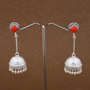 Red Coral Jhumka Earrings: Rhodium Plated Indian Bollywood Jewelry